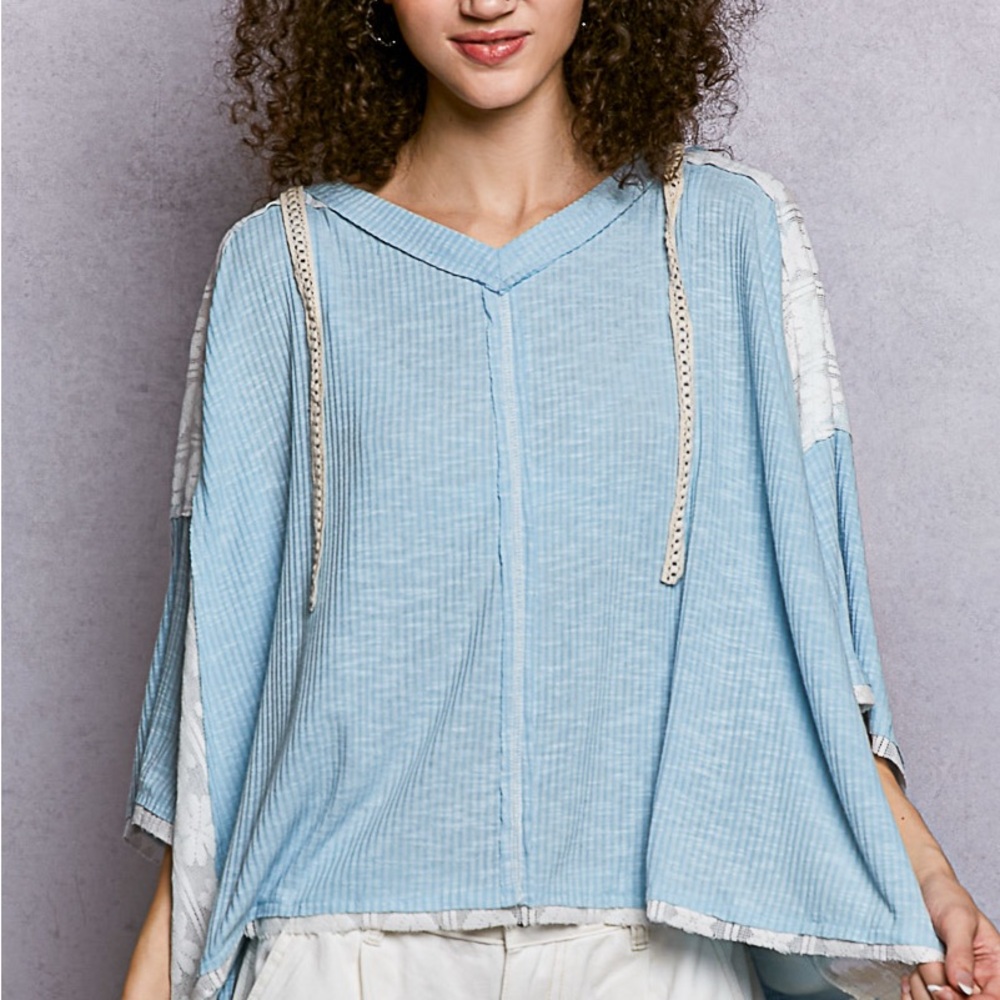 POL Light Blue Hooded Poncho Top